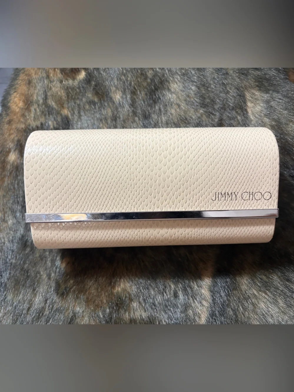 Jimmy Choo Cream Textured Leather Key & Card Holder with Silver Accent